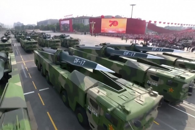 China’s Dongfeng-17 (DF-17) ballistic missile designed to carry the DF-ZF HGV, first shown on 1 October 2019 at the National Day Parade in Beijing.