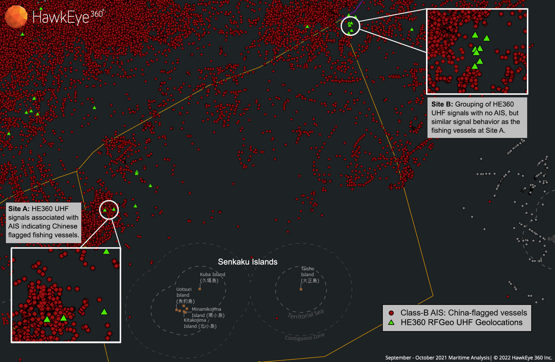 During September and October 2021, HawkEye 360 geolocated UHF signals from several places around the claimed Japanese region of the Senkaku Islands, associating such signals as an indicator of Chinese fishing vessels (Site A) and then using those signals to discover dark vessel activity at Site B.